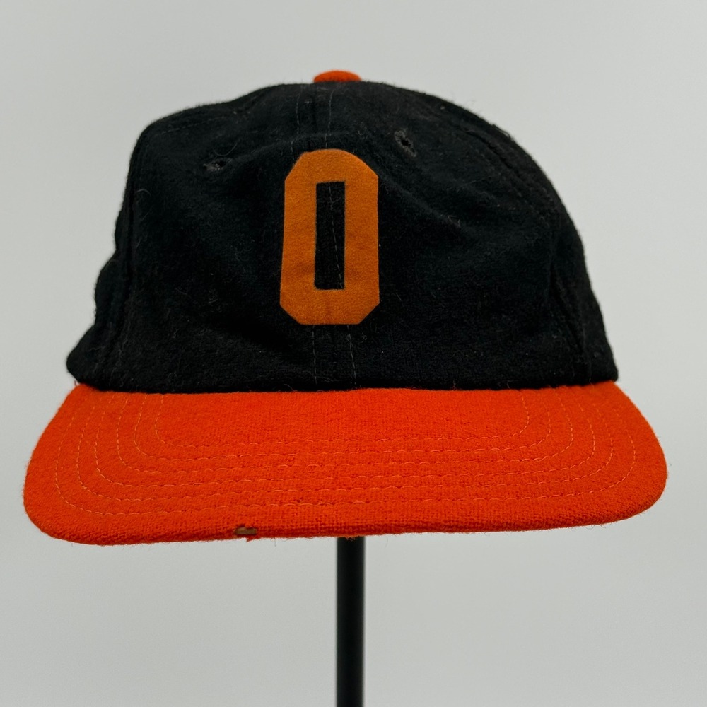 Vintage Wool Blend Baseball Cap Black Orange Felt O Logo Hat WPL 11168 Large